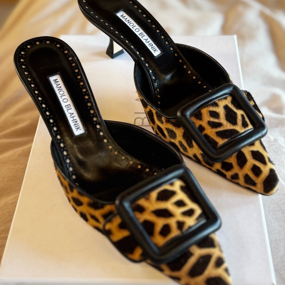 Manolo Blahnik Giraffe Print Heels with Black Accents